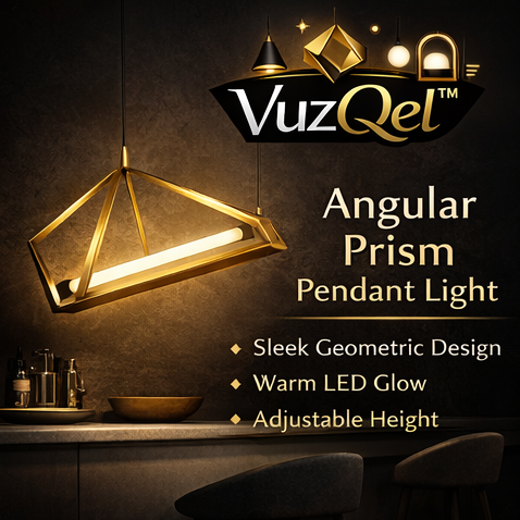 VuzQel™ Angular Prism Pendant Light – Minimalist Gold Frame LED Hanging Lamp for Kitchen Island & Dining Room