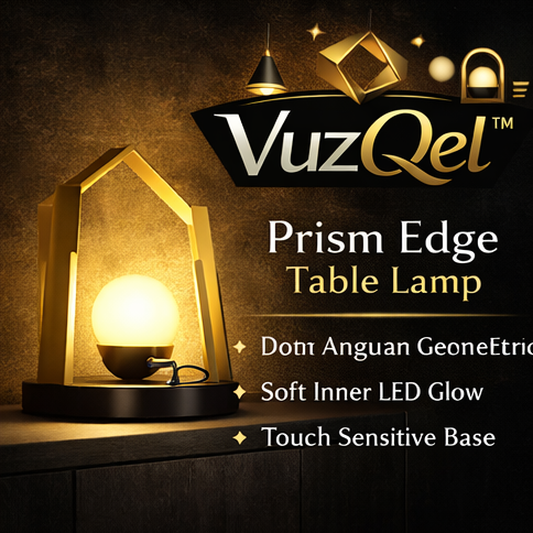 VuzQel™ Prism Edge Table Lamp – Modern Geometric LED Desk Lamp with Gold Frame for Bedroom & Office