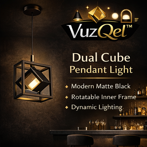 VuzQel™ Dual Cube Pendant Light – Matte Black Geometric Hanging Lamp with Rotatable Frame for Modern Interiors