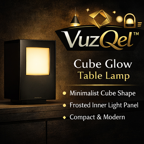 VuzQel™ Cube Glow Table Lamp – Minimalist Black Geometric LED Lamp with Frosted Light Panel