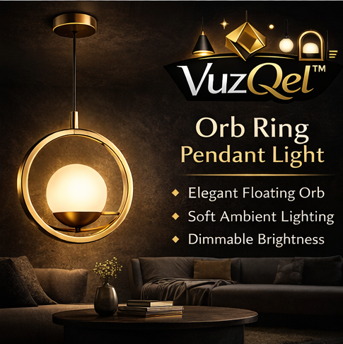 VuzQel™ Orb Ring Pendant Light – Floating Sphere LED Hanging Light with Brushed Brass Circle Frame