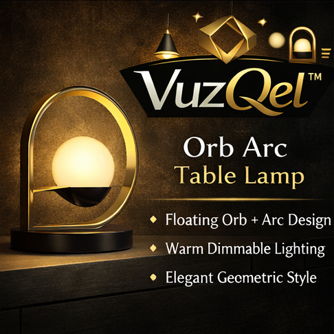 VuzQel™ Orb Arc Table Lamp – Modern Geometric Globe Lamp with Curved Metal Frame & Warm LED